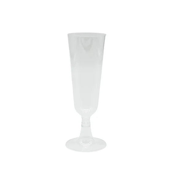 A clear disposable two-piece cocktail tulip glass with a rounded body and a long stem.