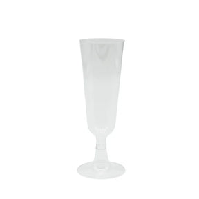 A clear disposable two-piece cocktail tulip glass with a rounded body and a long stem.