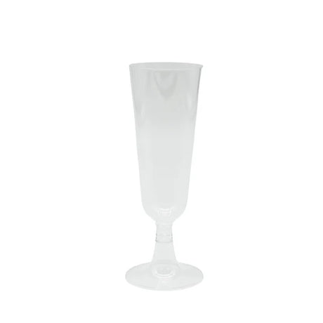 A clear disposable two-piece cocktail tulip glass with a rounded body and a long stem.
