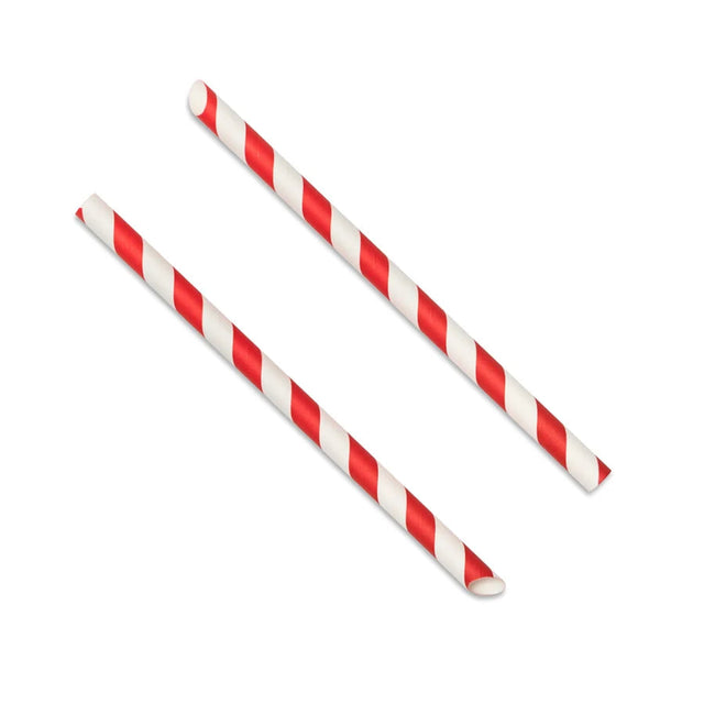 Two paper straws with alternating red and white diagonal stripes, shown on a plain white background.