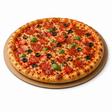 Pizza with pepperoni, olives, and tomatoes on a cardboard pizza disc.