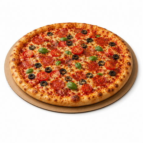 Pizza with pepperoni, olives, and tomatoes on a cardboard pizza disc.