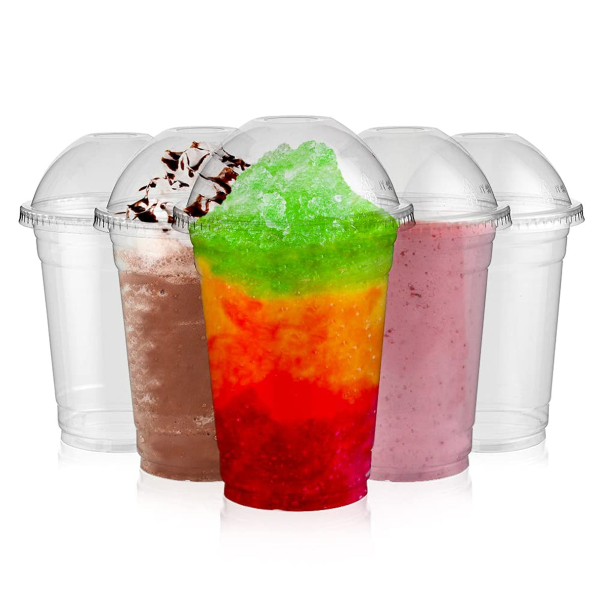 Five clear plastic dome-lid cups arranged in a row on a white background, each filled with a different drink or slushie: brown, layered red/orange/yellow/green, pink, and two empty clear cups.