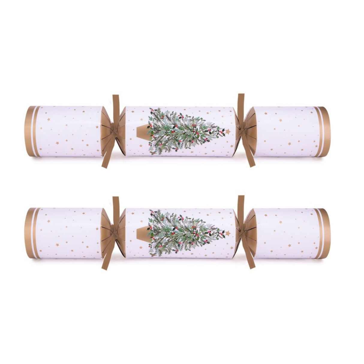 Two Christmas crackers with a festive design on a white background