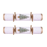 Two Christmas crackers with a festive design on a white background