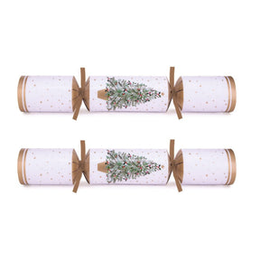 Two Christmas crackers with a festive design on a white background