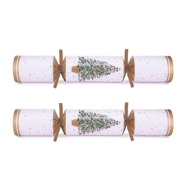 Two Christmas crackers with a festive design on a white background