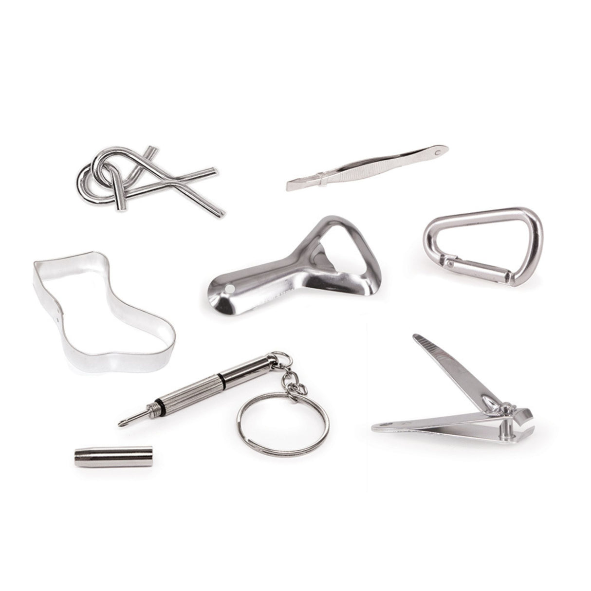 Collection of silver tools and accessories on a white background