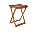 A brown acacia wood butler tray stand with a foldable design, featuring non-slip feet and a rectangular tray top.
