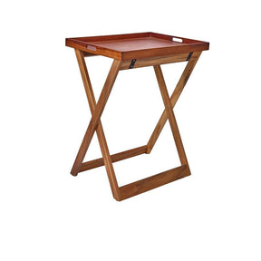 A brown acacia wood butler tray stand with a foldable design, featuring non-slip feet and a rectangular tray top.