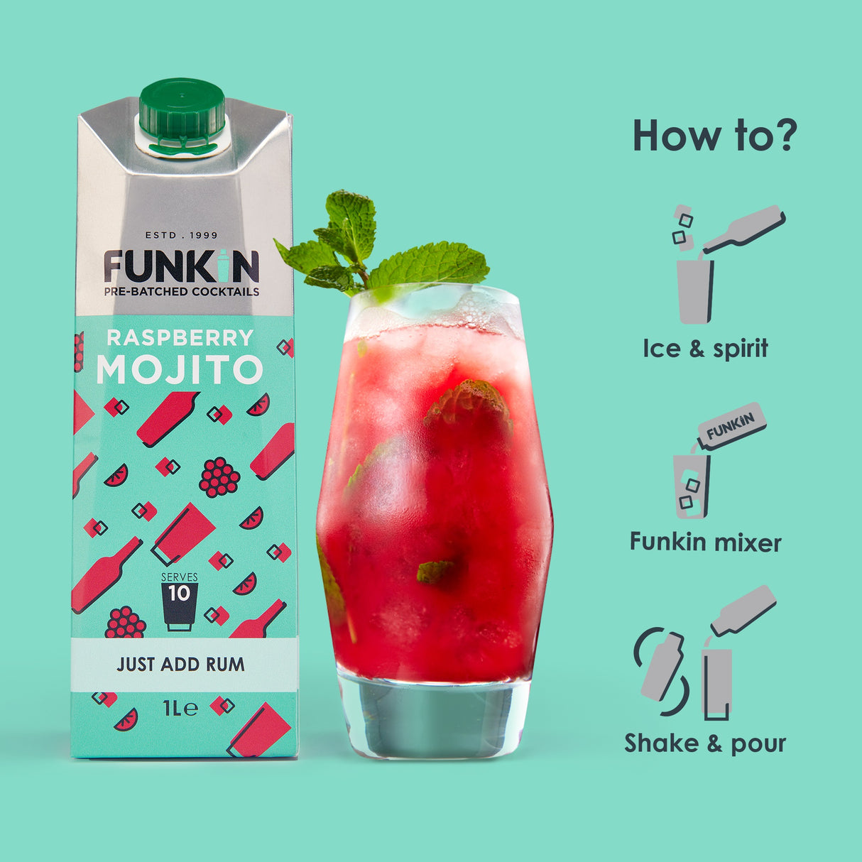 Funkin Raspberry Mojito bottle with a red drink in a glass
