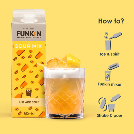 funkin sour mix carton with a tumbler of drink