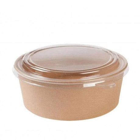 A round brown paperboard food container with a clear plastic lid, shown on a plain white background.