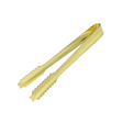 A pair of gold-finished stainless steel ice tongs with jagged tips.