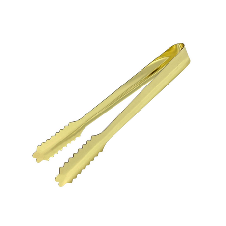 A pair of gold-finished stainless steel ice tongs with jagged tips.