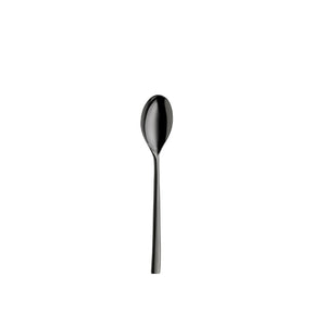 A single black metal spoon with a glossy finish, shown vertically against a solid white background.