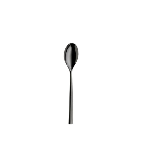A single black metal spoon with a glossy finish, shown vertically against a solid white background.