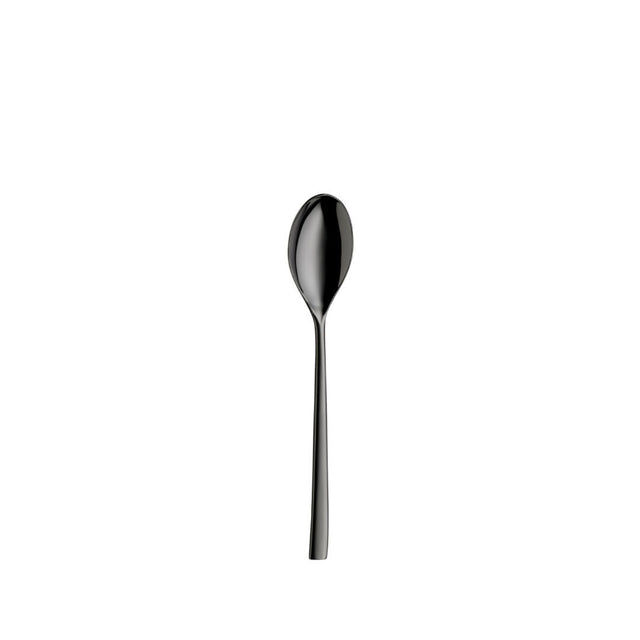 A single black metal spoon with a glossy finish, shown vertically against a solid white background.