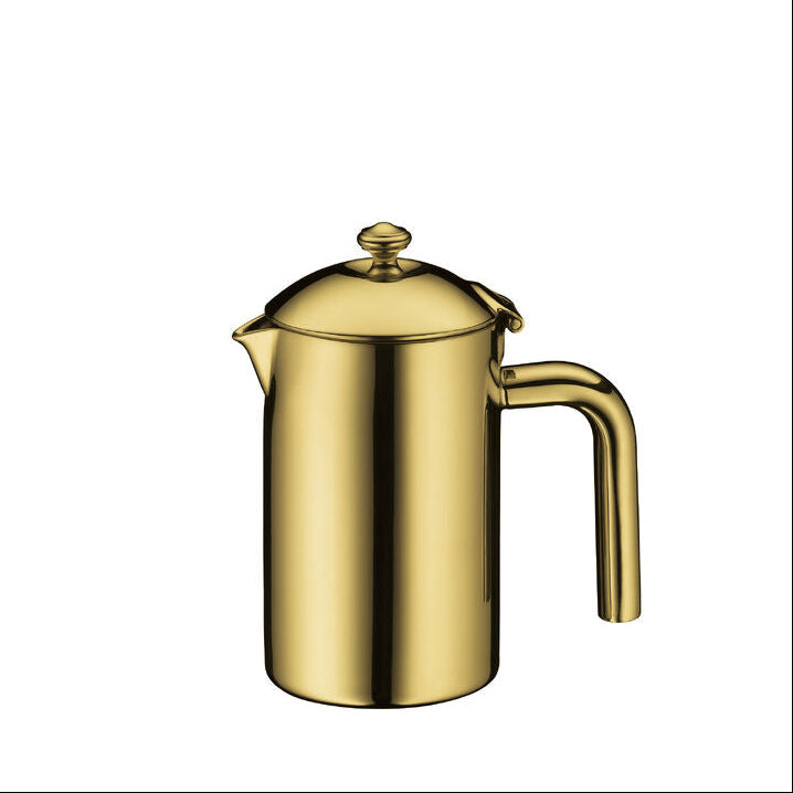 Gold-colored coffee press on a white background