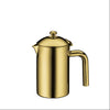 Gold-colored coffee press on a white background