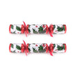 Two Christmas crackers with holly design on a white background