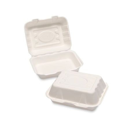 Two white biodegradable food containers on a white background