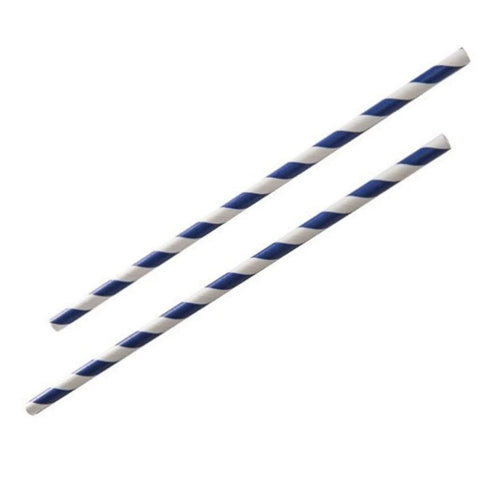 Two blue and white striped straws on a white background