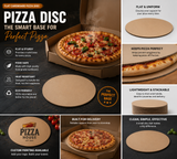 Pizza Disc packaging with pizza and features listed on a dark background