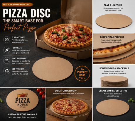 Pizza Disc packaging with pizza and features listed on a dark background