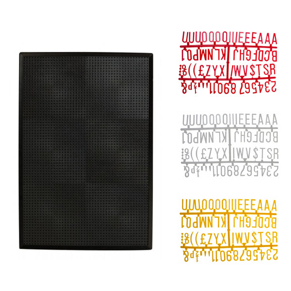 Three black peg boards with letter sets in yellow, white, and red, each featuring a different set of characters.