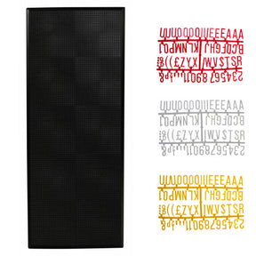 Three black peg boards with large letter sets in yellow, white, and red, each featuring a different set of characters.