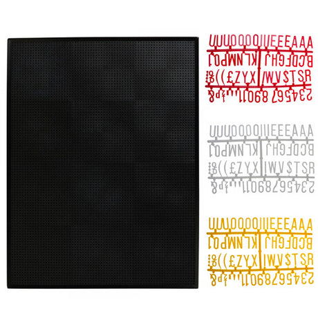 black peg board with red, grey and yellow letters