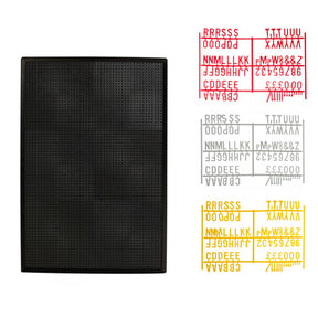 A black peg board with three sets of letters in yellow, white, and red colors displayed on the right side.