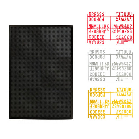 A black peg board with three sets of letters in yellow, white, and red colors displayed on the right side.