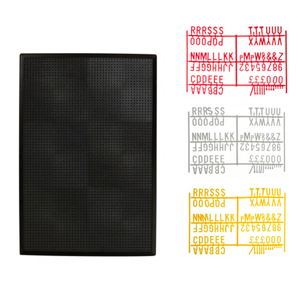 A black peg board with three sets of letters in yellow, white, and red colors displayed on the right side.