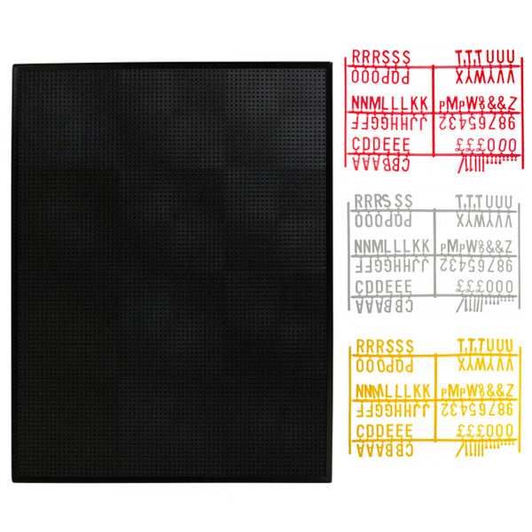 A black peg board with a set of medium-sized letters in various colors including yellow, white, and red, used for displaying a menu.
