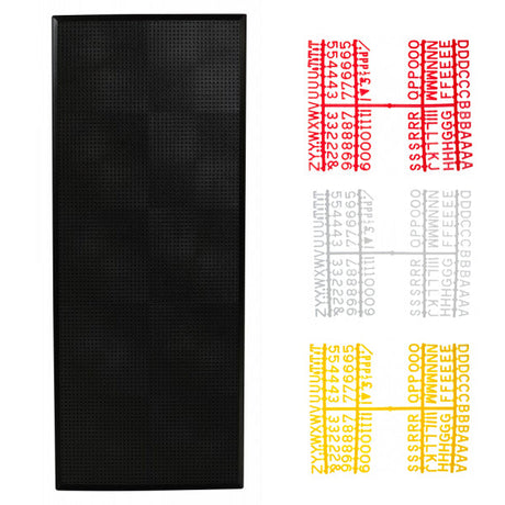A black peg board with a set of small letters in yellow, white, and red placed beside it.