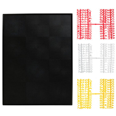 A black peg board with small red, white, and yellow letters arranged in a pattern on the surface.