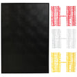 A black peg board with a set of small white, yellow, and red letters arranged in rows.