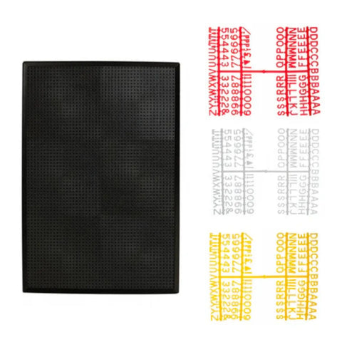 black peg set with yellow, whit eand red letters and numbers 
