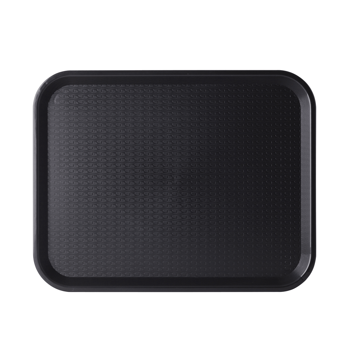 Black rectangular tray with textured surface on a white background
