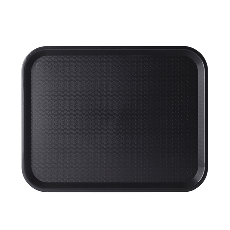Black rectangular tray with textured surface on a white background