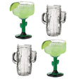 A set of four drinking glasses, two with a green cactus-shaped handle and lime on the rim, and two with a clear cactus-shaped handle without lime.
