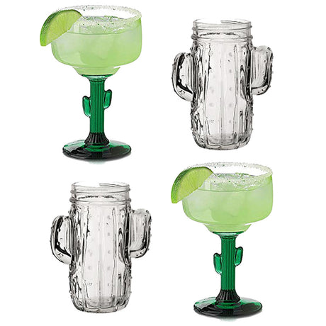 A set of four drinking glasses, two with a green cactus-shaped handle and lime on the rim, and two with a clear cactus-shaped handle without lime.