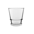 A clear glass highball glass with a smooth surface and no visible contents.