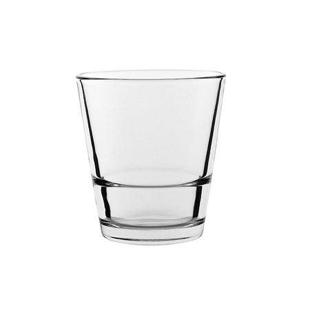 A clear glass highball glass with a smooth surface and no visible contents.