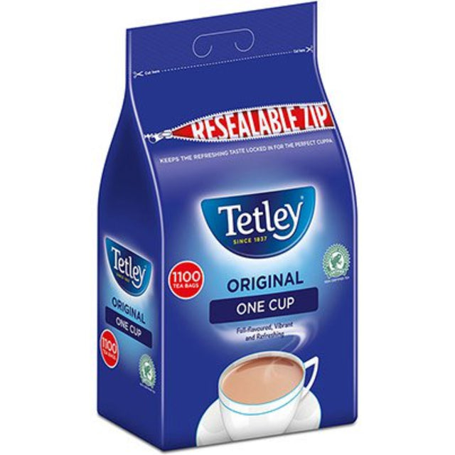A blue resealable bag of Tetley Original One Cup tea on a plain white background, with the Tetley logo, product name, and a cup of tea shown on the front.