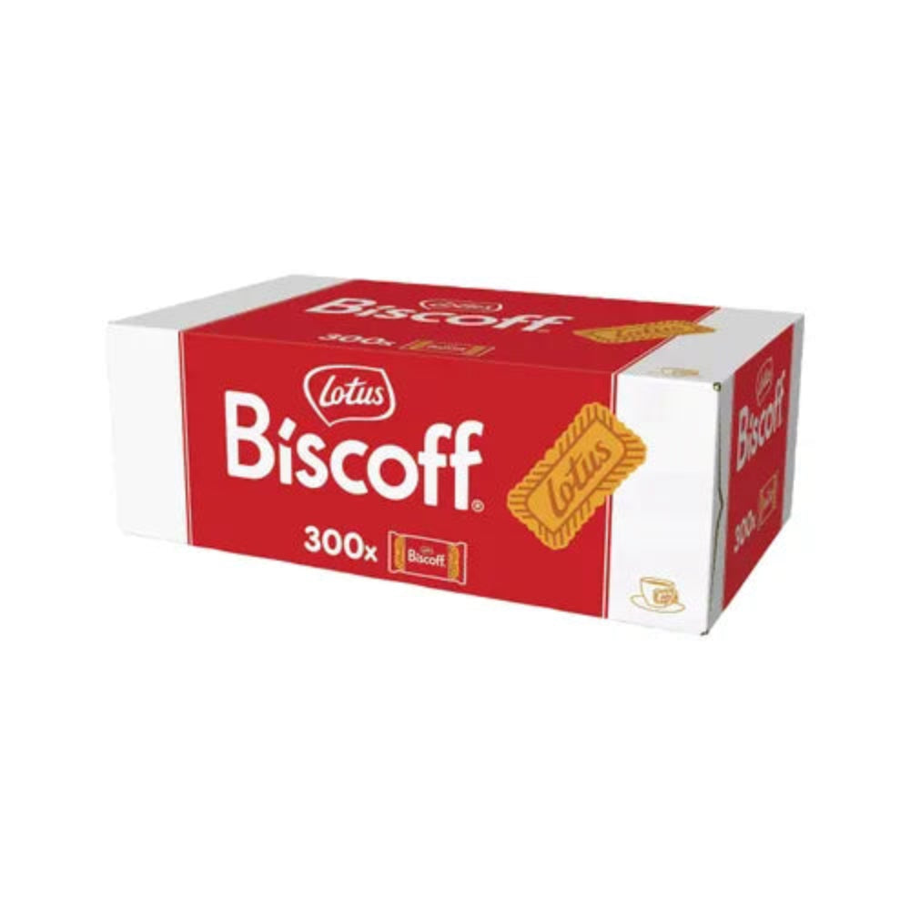 A 300-piece box of Lotus Biscoff biscuits, featuring a red and white cardboard packaging with a golden-brown biscuit illustration on a white background.