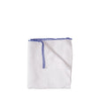 White textured cloth with blue trim on a white background
