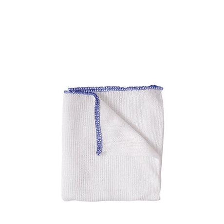 White textured cloth with blue trim on a white background
